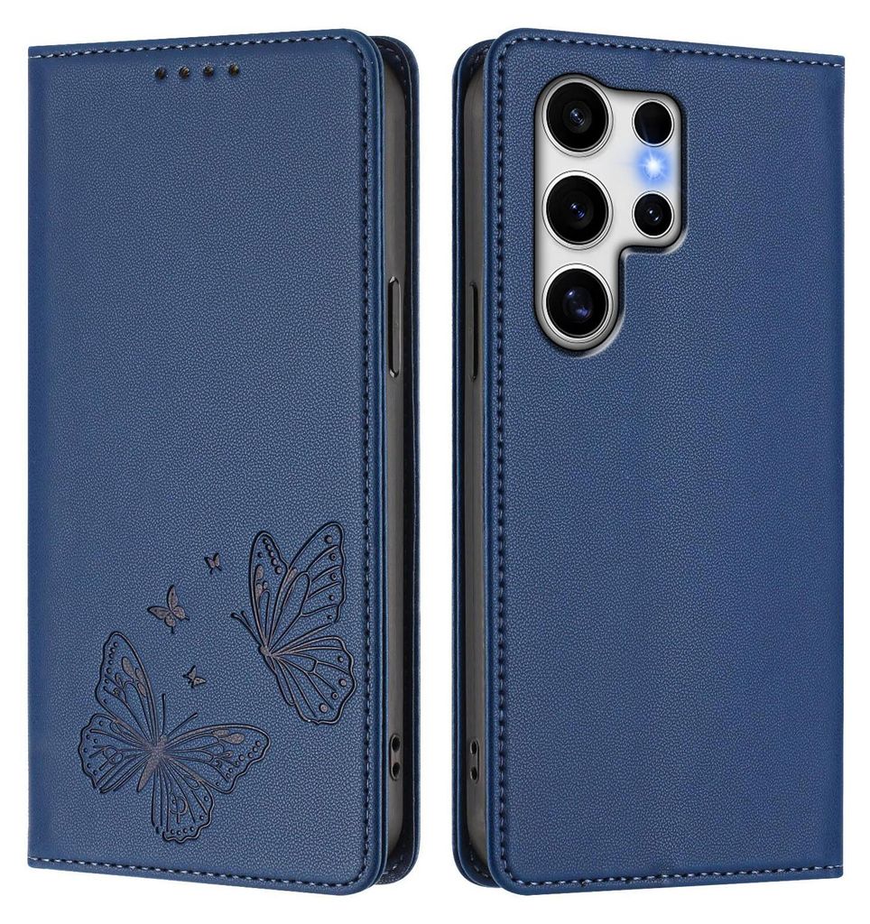 Lederhülle für Samsung Galaxy S25 Ultra, Schmetterling Prägung Leder Brieftasche Schutzhülle mit Ständer Dunkelblau