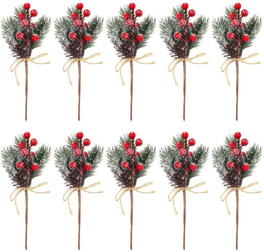 Unyqoos Set aus 10 künstlichen Kiefernzweigen mit roten Beeren und Tannenzapfen als Weihnachtsdekoration