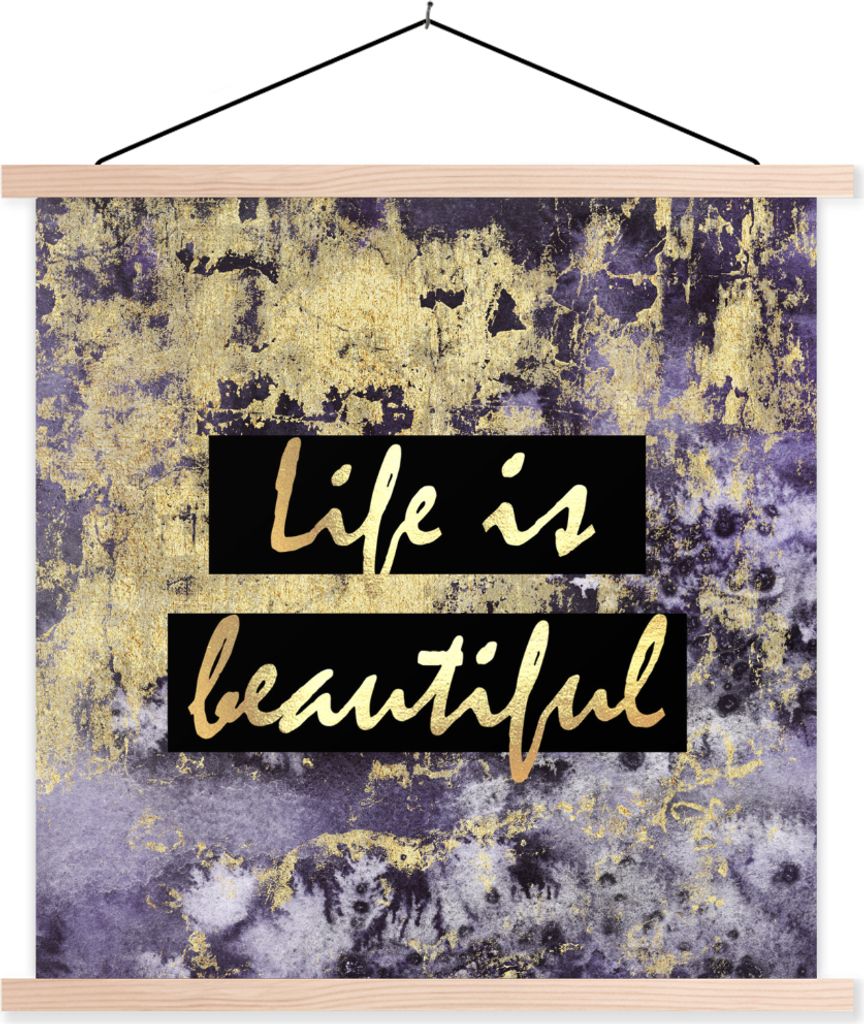 MuchoWow Textilposter Zitat - Leben - Gold - Lila 40x40 cm mit holzfarbenen Rahmen - Posterleiste