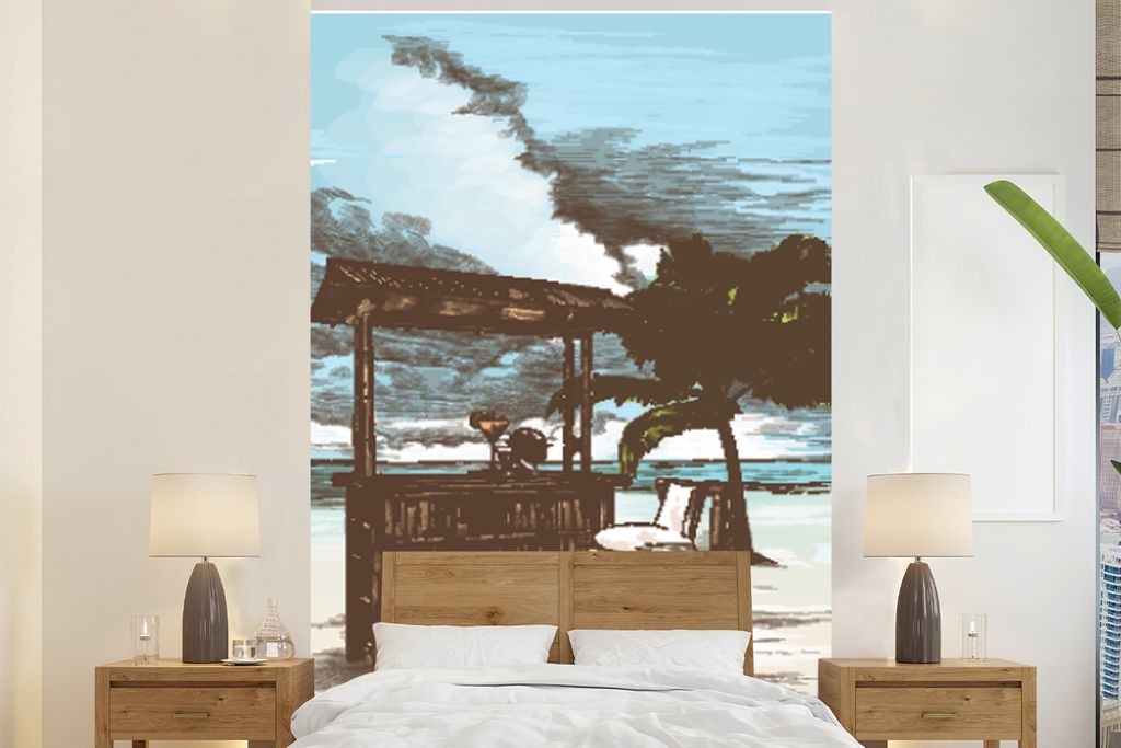 MuchoWow Fototapete für Wohnzimmer oder Schlafzimmer Wandtapete Vinyl Motivtapete Strand - Hütte - Palme - 160x240 cm - Vinyltapete