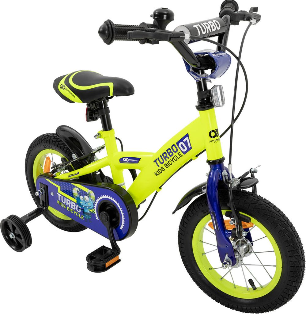 Actionbikes Kinderfahrrad Turbo 12 Zoll | Kinder Fahrrad - V-Brake Bremsen - Kettenschutz - Lenkerschutz - Stützräder - 2-5 Jahre (Gelb/Blau)