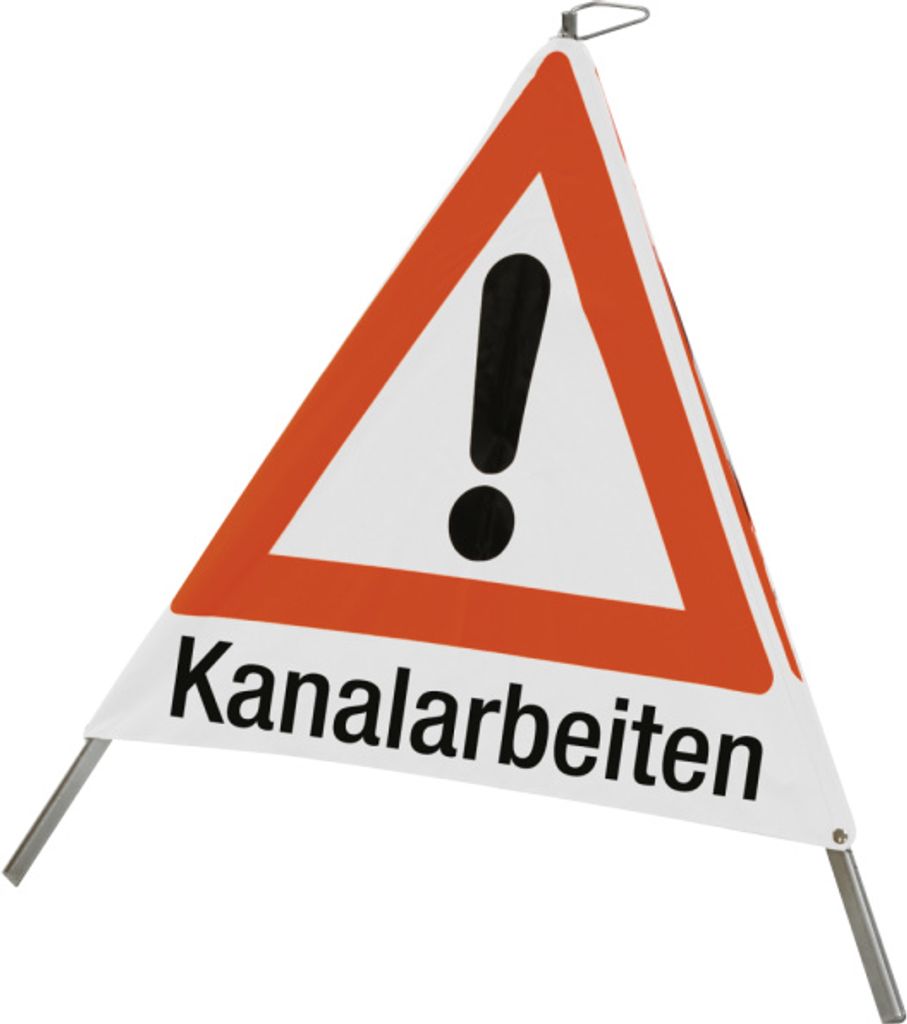 Faltsignal mit Symbol Gefahrenstelle und Text "Kanalarbeiten",900 mm Seitenlänge