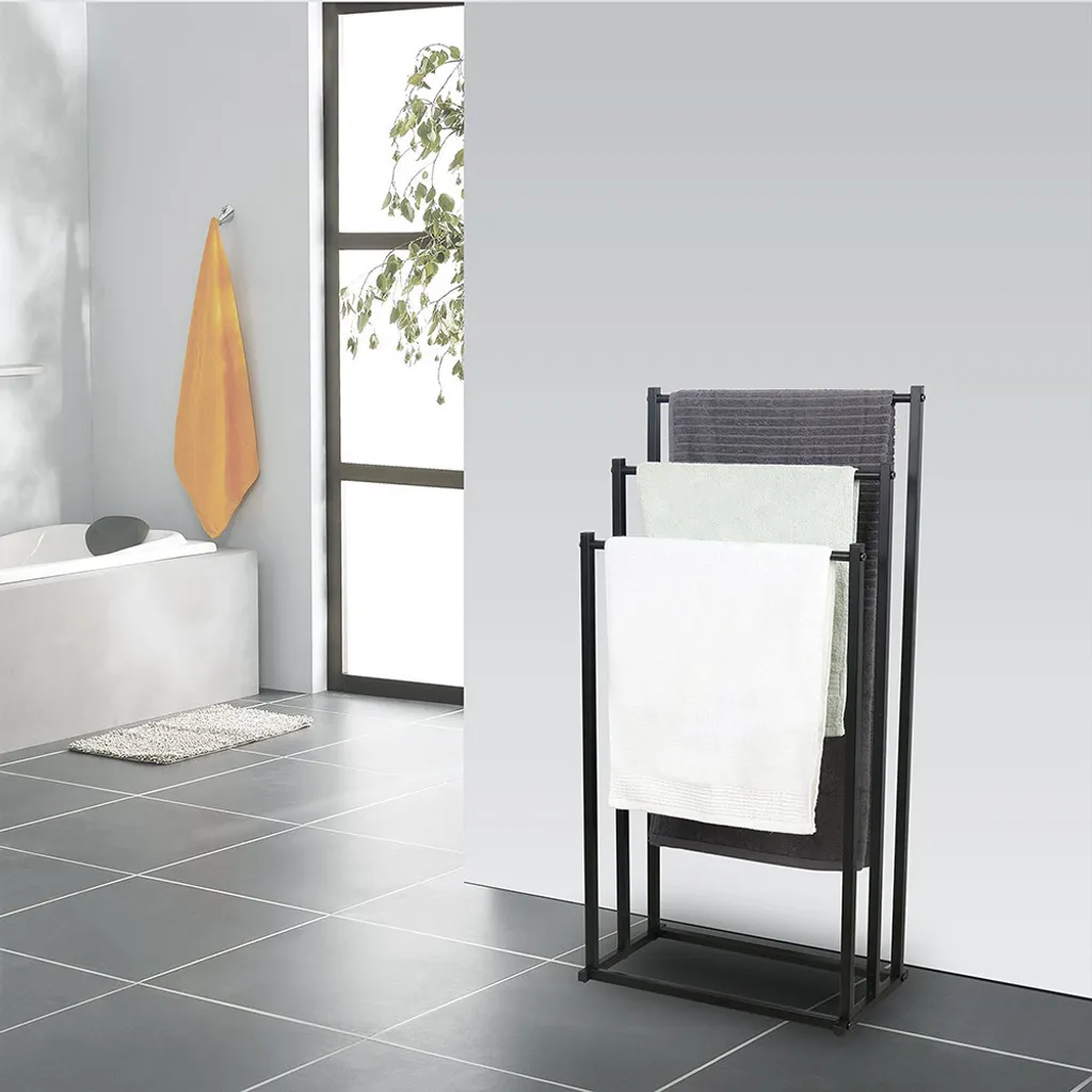 Porte-serviette sur pied salle de bain - Organisateur métal noir 3 barres