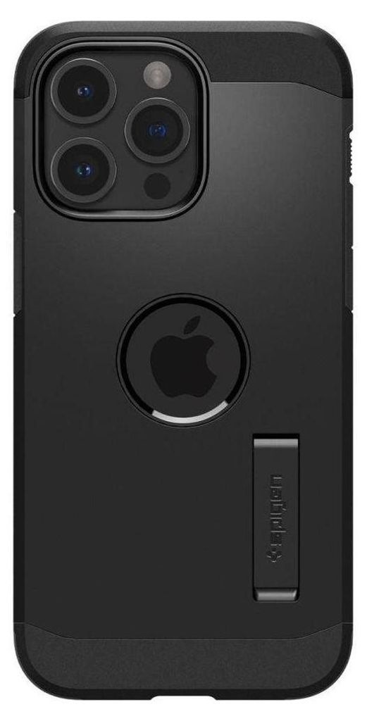 A black Spigen Tough Armor Mag Case for an Apple iPhone 15 Pro, shown from the back.