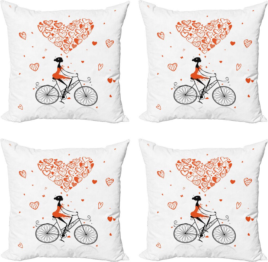 ABAKUHAUS Valentines Kissenbezug Set (4 Stück), Romantische Radfahrer Mädchen, Moderner Doppelseitiger Digitaldruck, 60 cm x 60 cm, Rot Schwarz W...