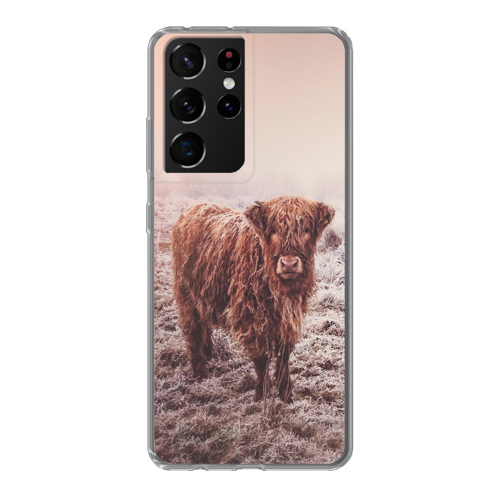 MuchoWow Handyhülle Schutzhülle Hülle für Samsung Galaxy S21 Ultra Schottische Highlander - Schnee - Sonne Silikon Softcase Handy Hülle - Mo...