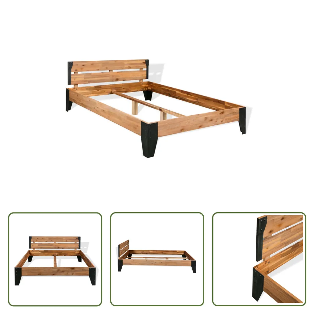 Cadre de lit design industriel en bois d'acacia et métal 152x203cm