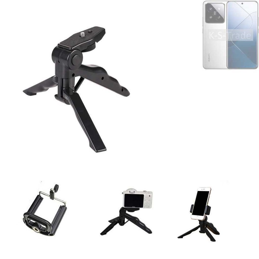 K-S-Trade Stativ Tisch-Ständer Dreibein Handy-Stativ Ständer kompatibel mit Xiaomi 14 Mini-Stativ Smartphone Tripod Handy-Stativ aus Plastik schwarz