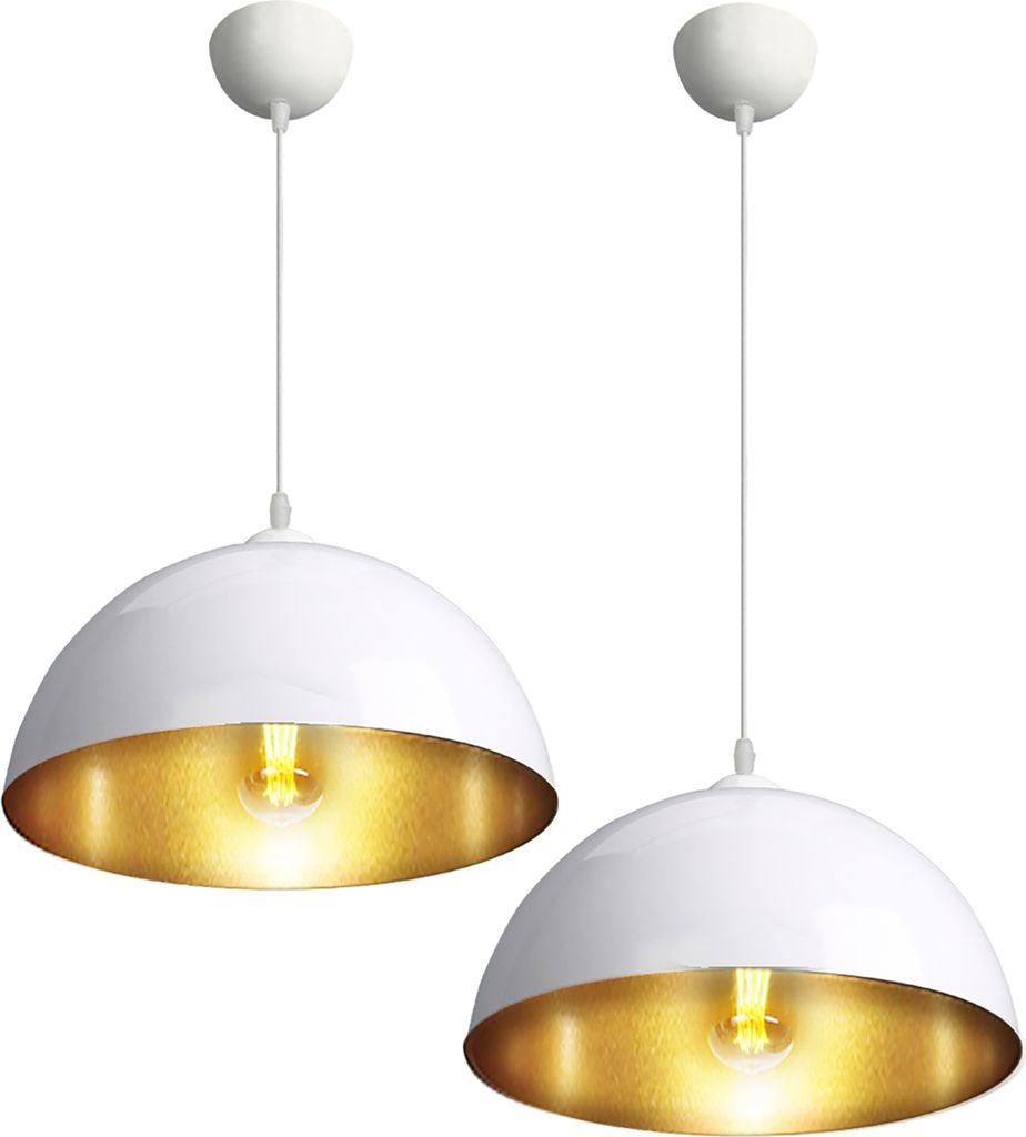 Two white pendant lights with gold interiors are shown against a white background.