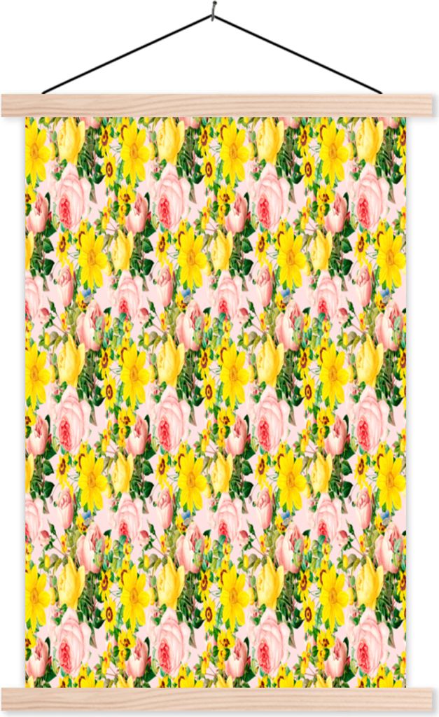 MuchoWow Textilposter Blumen - Rosen - Muster 60x90 cm mit holzfarbenen Rahmen - Textil