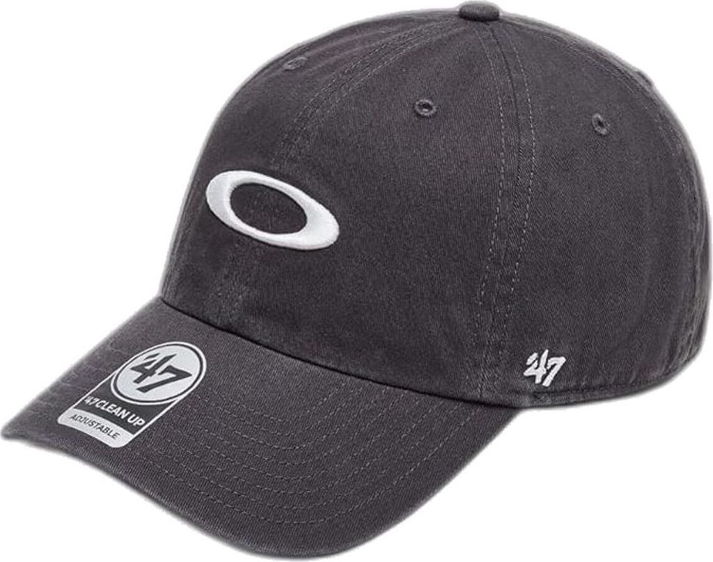 A close-up studio shot of a dark gray Oakley baseball cap.