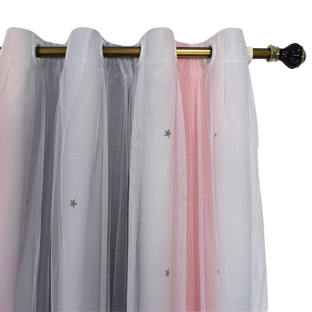 Gardinen Mit Ösen 2er Set Vorhänge Schlafzimmer Kinderzimmer Mädchen Verdunkelung Blickdicht Vorhang mit Hohlen Stern & Voile, 1.3*2.43M, Rosa+Grau