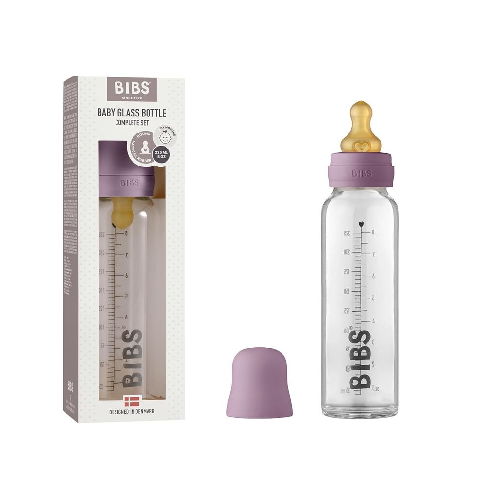 BIBS Baby Glass Bottle 225ml, Vermindert Koliken, Runder Sauger aus Naturkautschuklatex, Unterstützt das Stillen. Hergestellt in Dänemark, Comple...