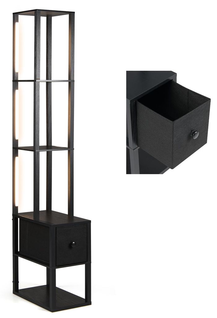 COSTWAY Stehlampe mit einstellbarer Helligkeit & Beistelltisch, moderne Stehleuchte mit Regalen & Schublade, Standlampe 43,5x26,5x169cm Schwarz