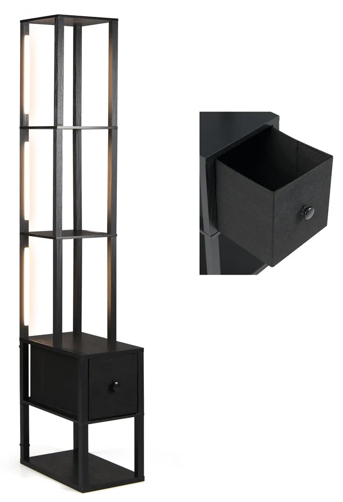 Lampadaire Étagère Moderne avec Tiroir et Tablette de Lecture Noir Mat