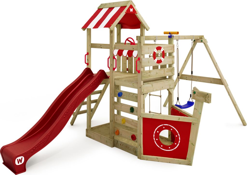 WICKEY Spielturm Klettergerüst SeaFlyer mit Schaukel & Rutsche, Baumhaus mit Sandkasten, Kletterleiter & Spiel-Zubehör - rot