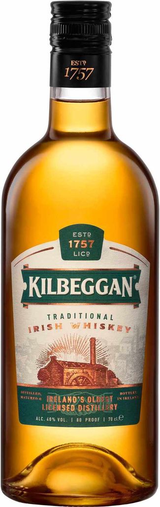 A bottle of Kilbeggan Traditional Irish Whiskey.