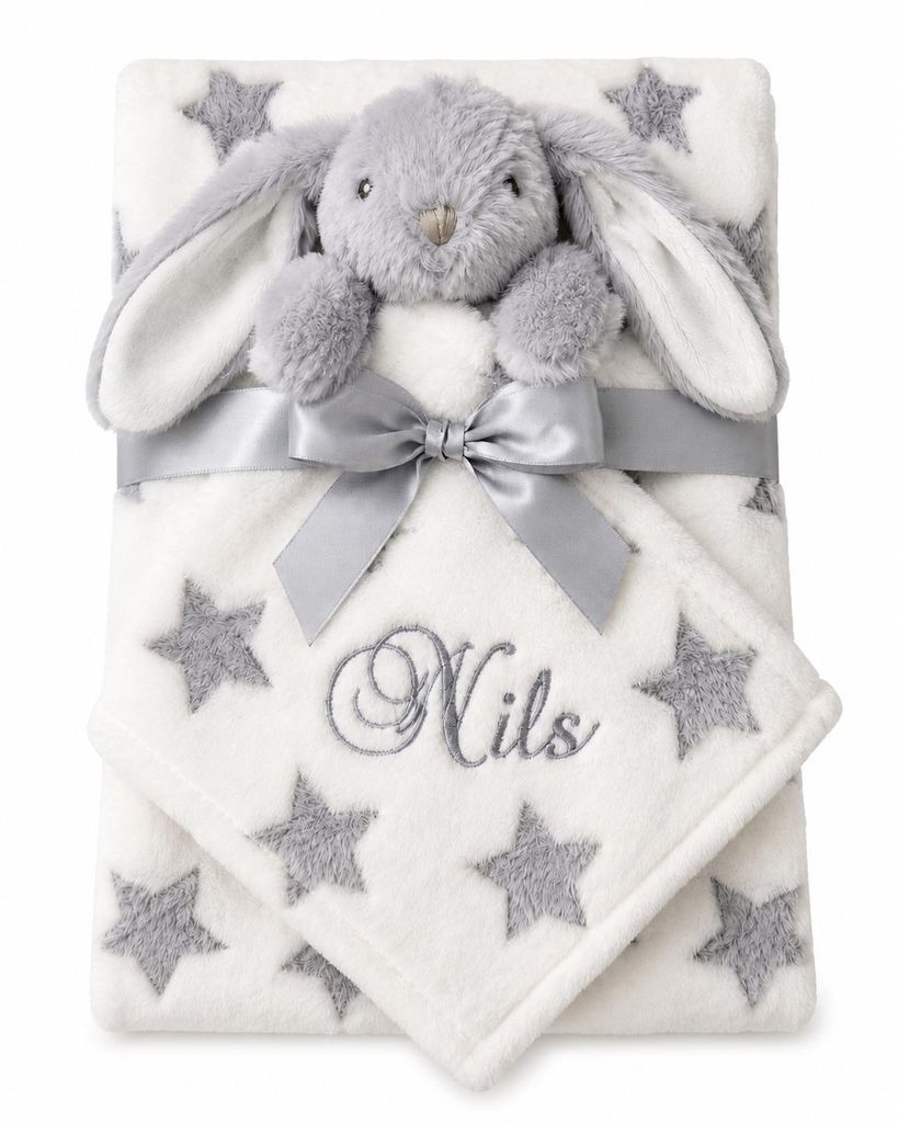 BotoBaby Babydecke mit Namen + Schmusetuch Häschen – Weiß mit grauen Sternen – ca. 75 x 100 cm – Personalisiertes Baby Geschenkset