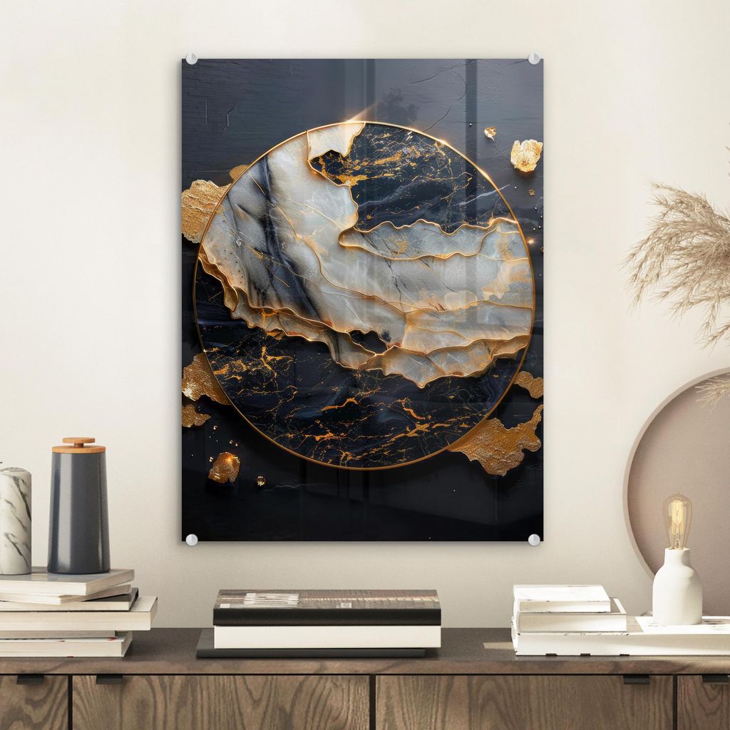 MuchoWow Glasbilder - Bilder auf Wandbild - Foto auf Glas Kunst - Gold - Schwarz - Modern - Abstrakt 30x40 cm Wanddekoration aus Glas - Acrylglasbi...