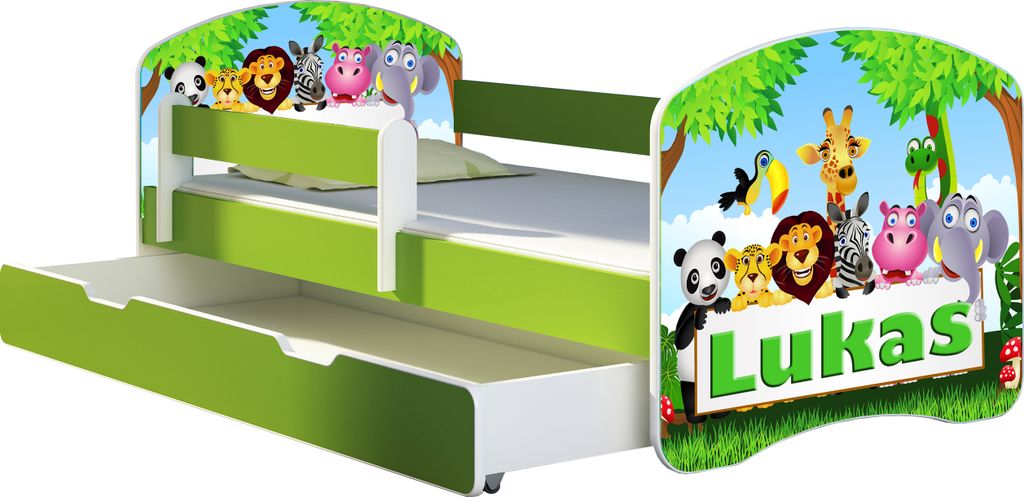 ACMA Jugendbett Kinderbett Junior-Bett Komplett-Set mit Matratze Lattenrost und Rausfallschutz Grün 01 Zoo Name 160x80 + Bettkasten