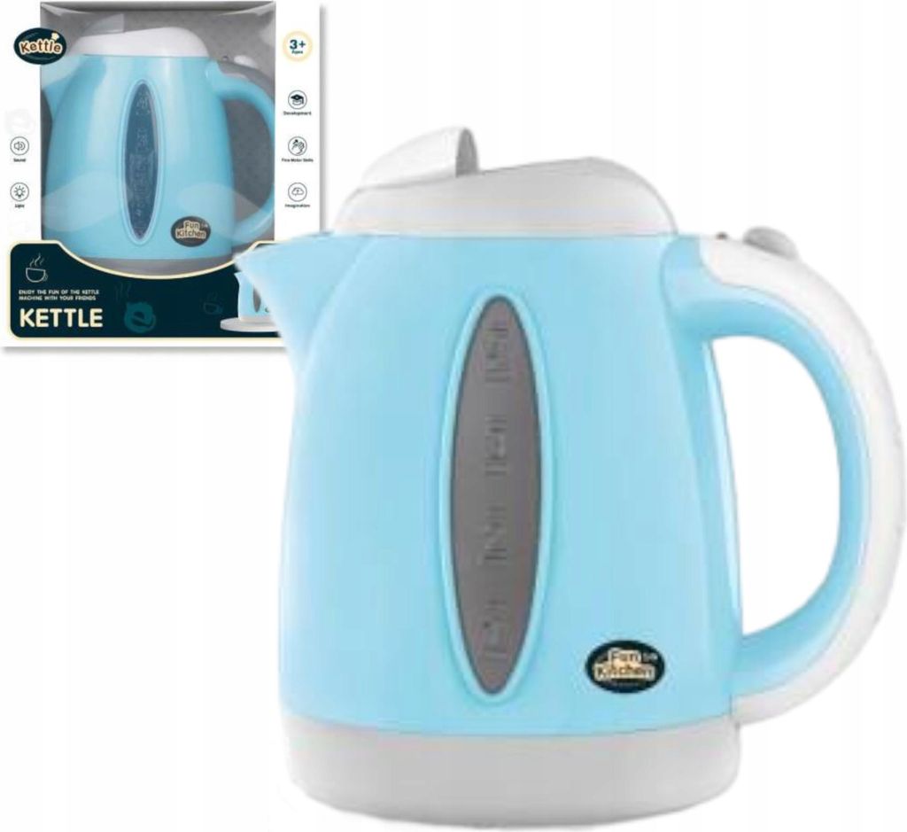 A toy electric kettle in blue and white, shown in its packaging.