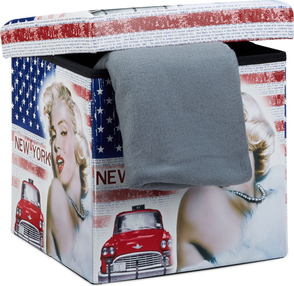 Relaxdays Faltbarer Sitzhocker Marilyn Monroe, stabil, mit trendigen Motiven, Kunstleder, Aufbewahrungsbox, New York