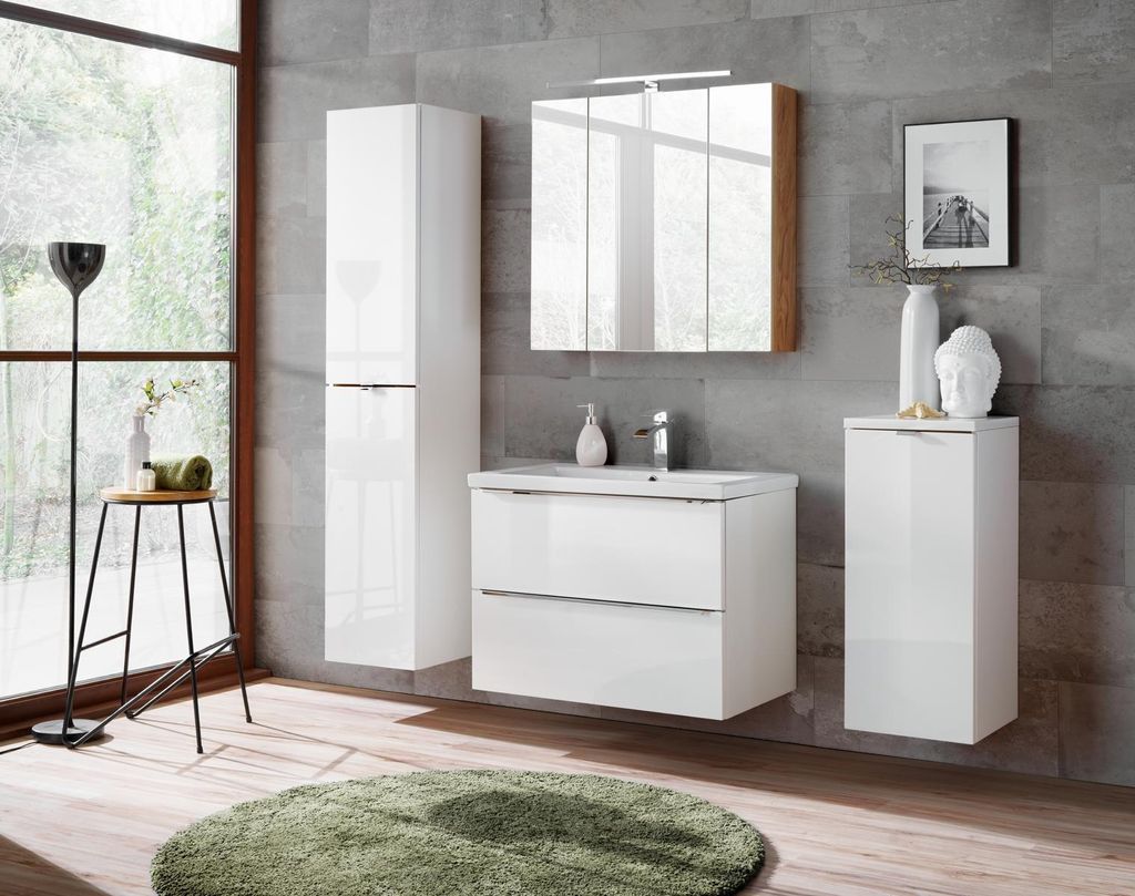 Design Badezimmer Möbel Bad 4 tlg. Set Garnitur Schrank Waschbecken Beleuchtung