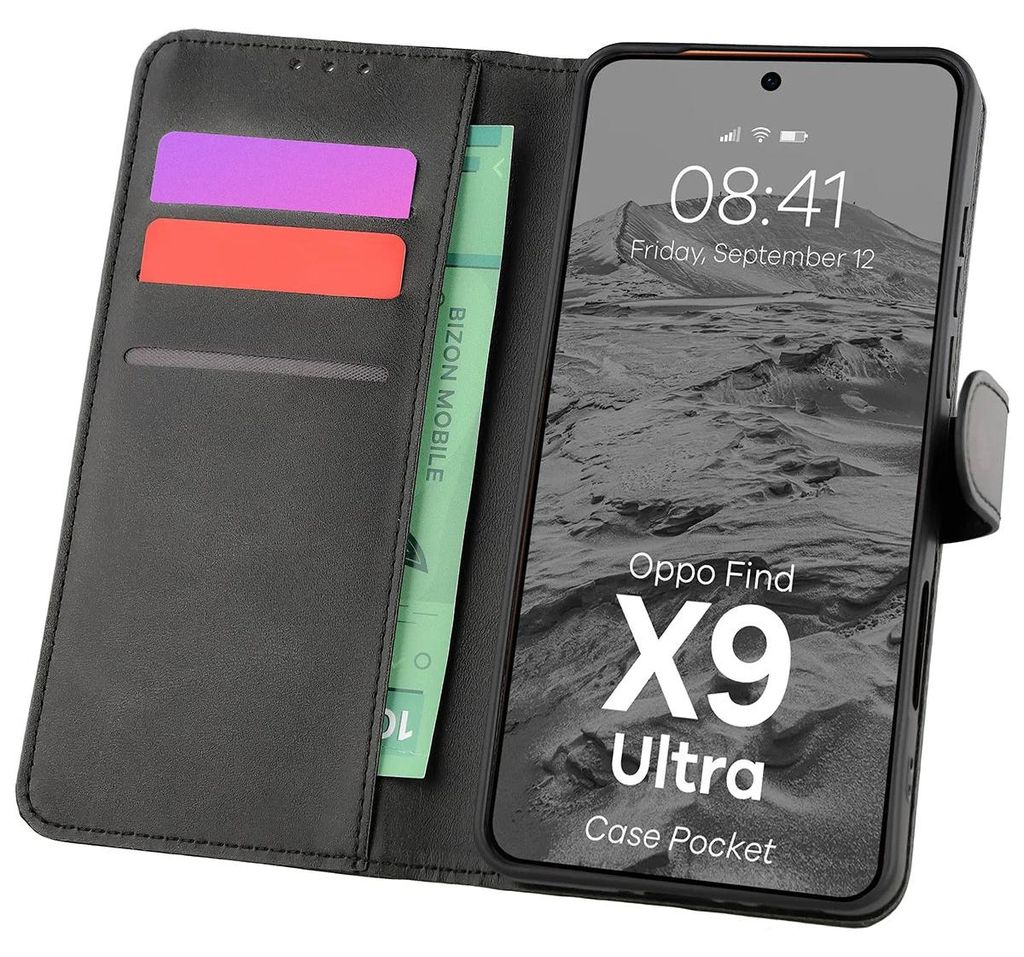 Handyhülle mit Klappe für Oppo Find X9 Ultra, Bizon Case Pocket, Schwarz