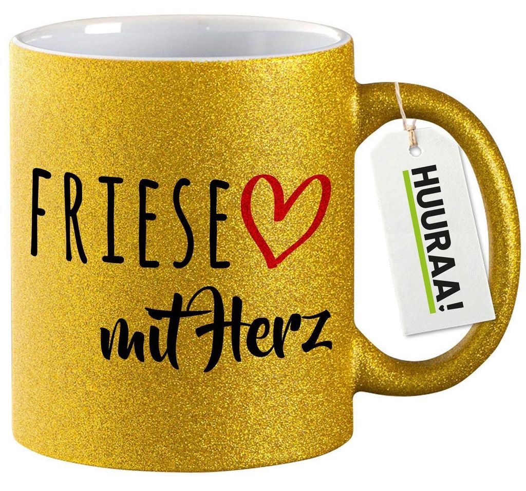 Huuraa Glitzertasse Friese mit Herz 330ml Gold Keramik Kaffeebecher Geschenkidee