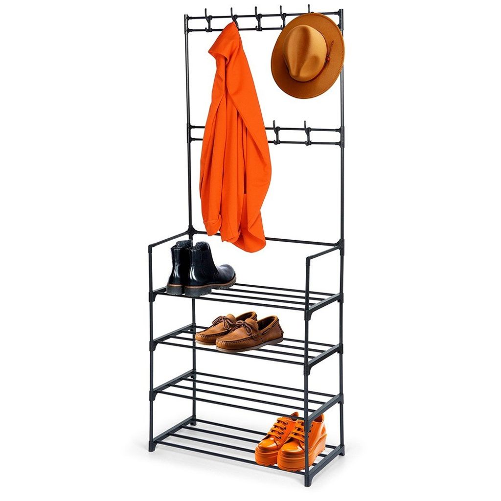 A black metal coat rack with multiple shelves, holding shoes, a coat, and a hat.