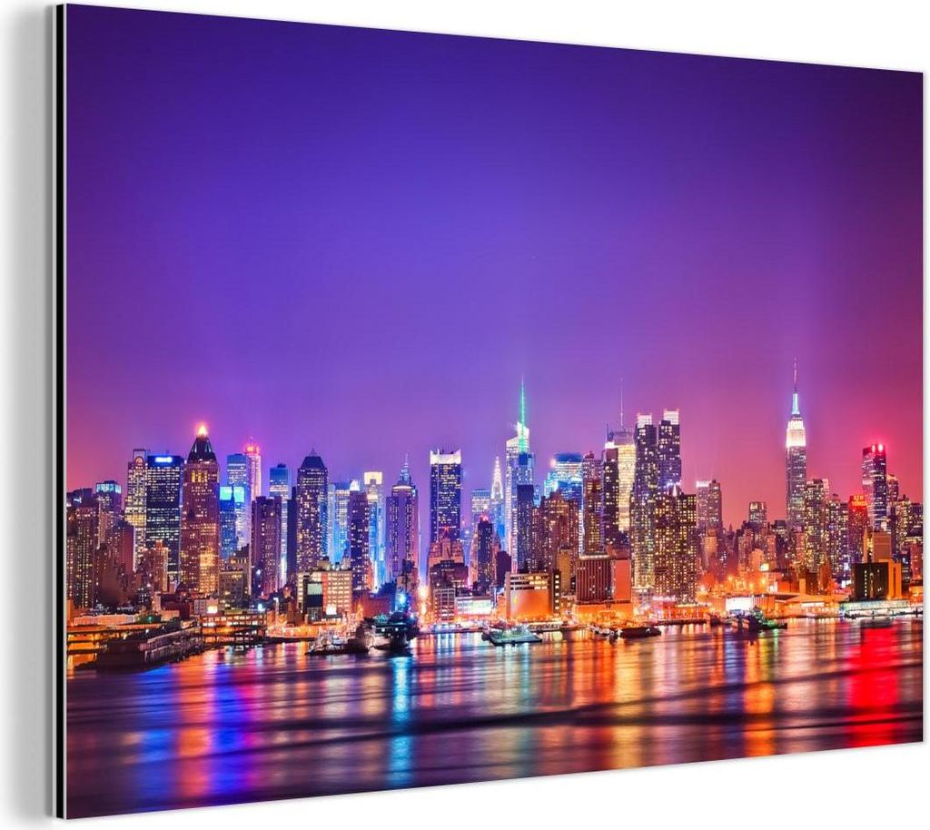 MuchoWow Wanddekoration Metall Metallbild Wandkunst 90x60 cm New York - Skyline - Lila MuchoWow Aluminium Gemälde - Wandbilder