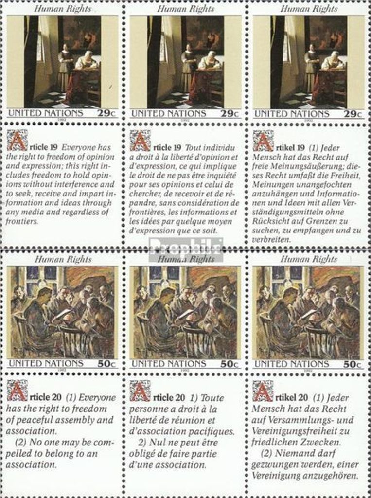 Briefmarken UNO - New York 1992 Mi 640-641 Sechserblock (kompl.Ausg.) gestempelt Menschenrechte