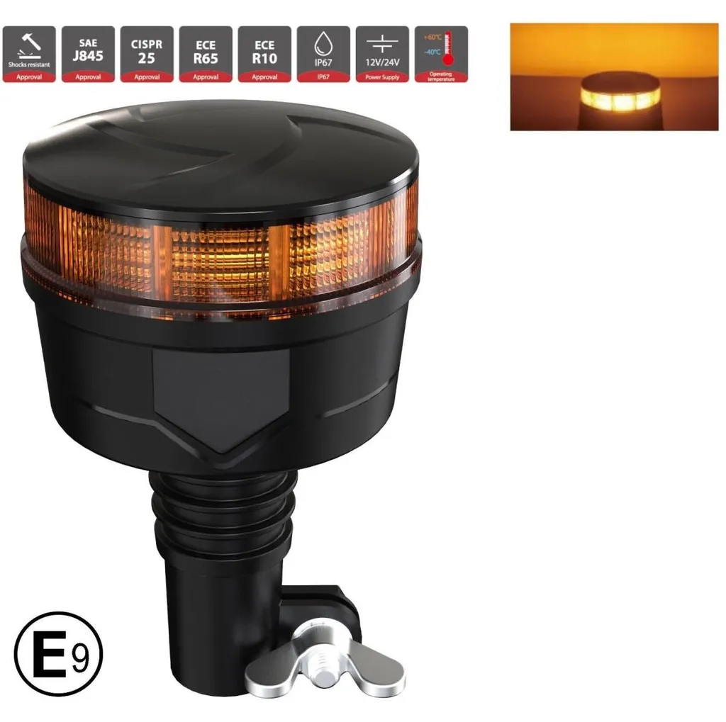 Gyrophare LED orange 19W pour engins de chantier, fixation sur hampe