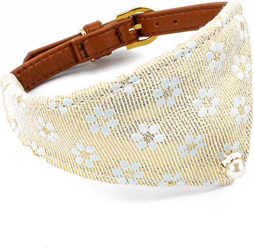Hundehalsband Tierluxe Eleganz , Kunstleder , Blumen , Gold – Braun-Weiß