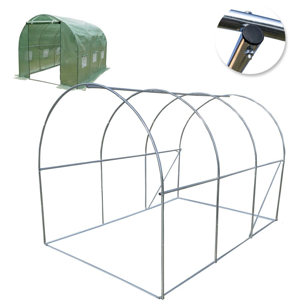 A metal frame for a greenhouse tunnel is shown against a white background. A smaller image of a completed greenhouse tunnel is in the upper left corner. A close-up of a joint on the frame is in the upper right corner.