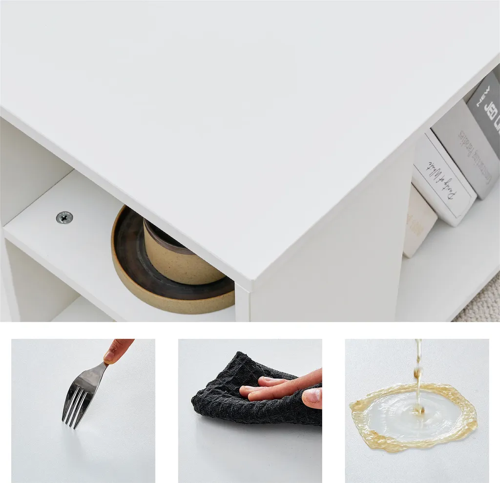 CLIPOP Table basse extensible blanche LED - 4 Tiroirs et Étagère Bois - 14