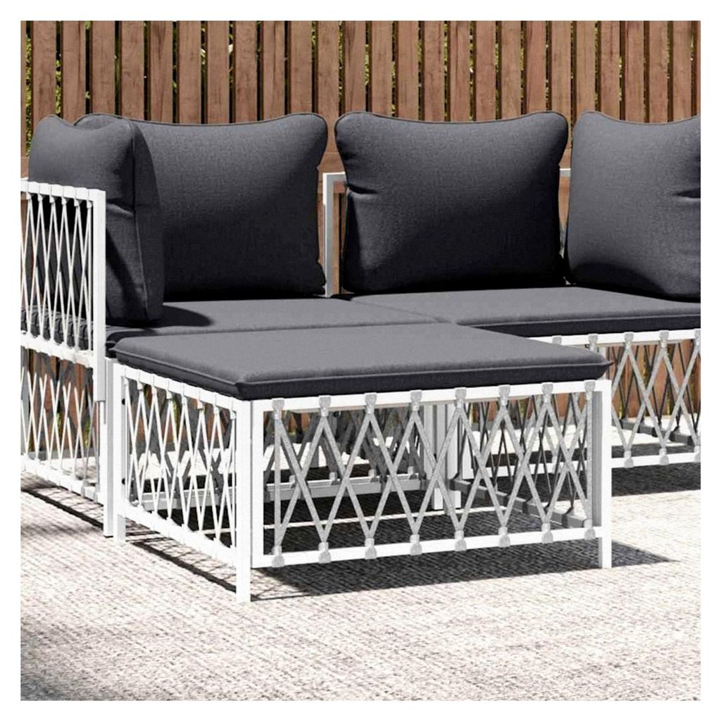 Gartenhocker mit Kissen, Weißes Gewebe, Pulverbeschichteter Stahlrahmen, 70x70x34 cm, Modulares Design für Outdoor-Lounge-Set, max. 110 kg