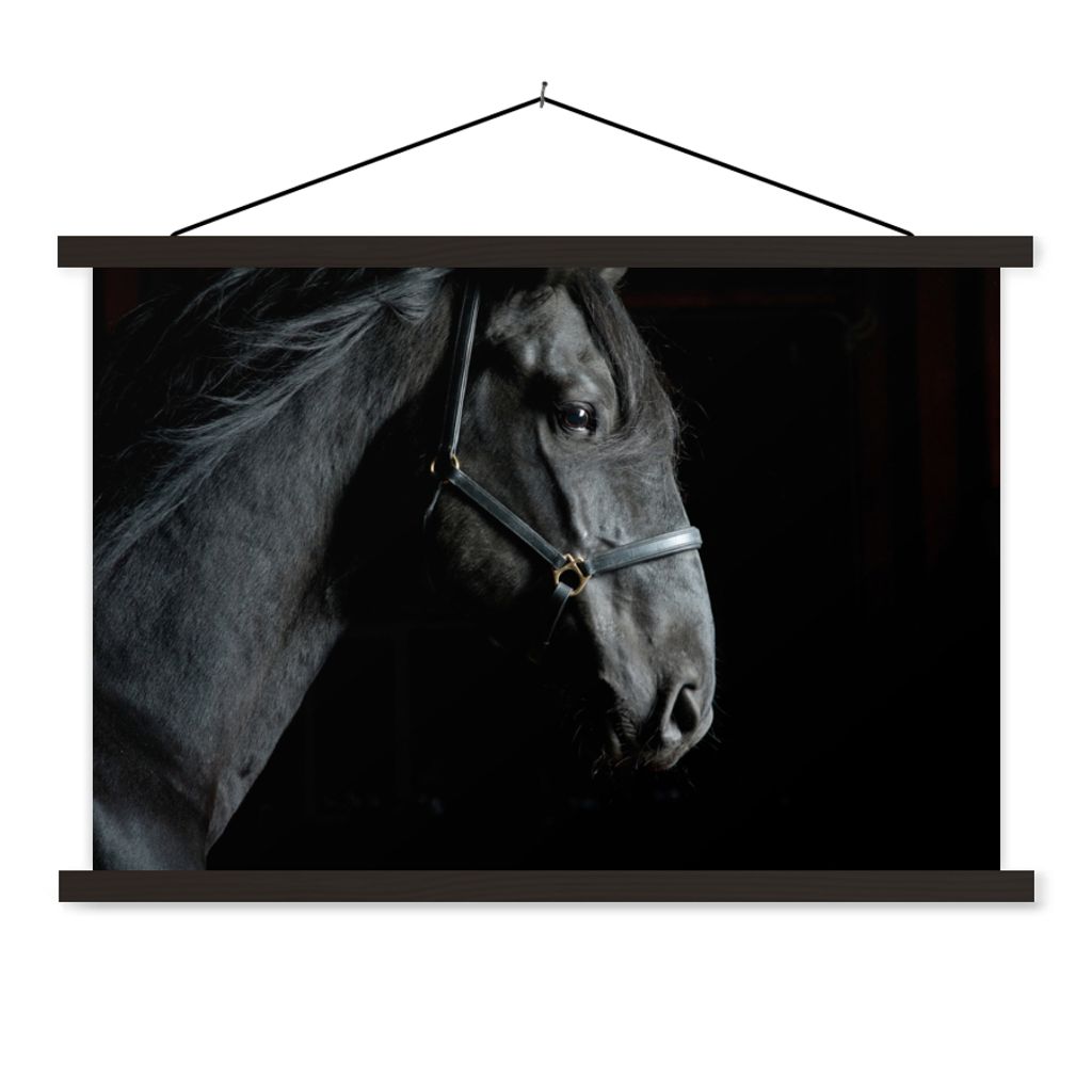 MuchoWow Textilposter Pferd - Leicht - Schwarz 90x60 cm mit schwarzem Rahmen - Aufhängungssatz