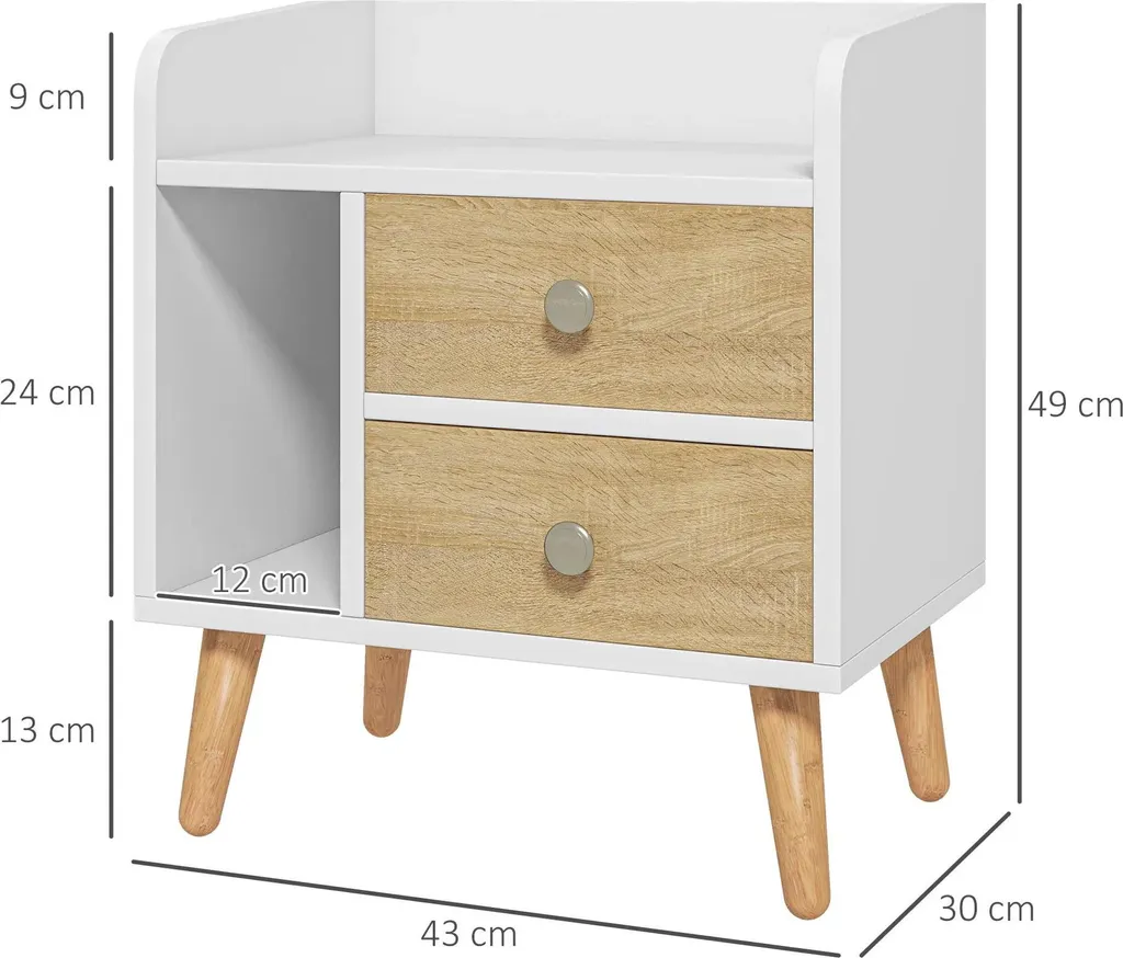 Table de nuit compacte pour petite chambre blanche 2 tiroirs et étagère