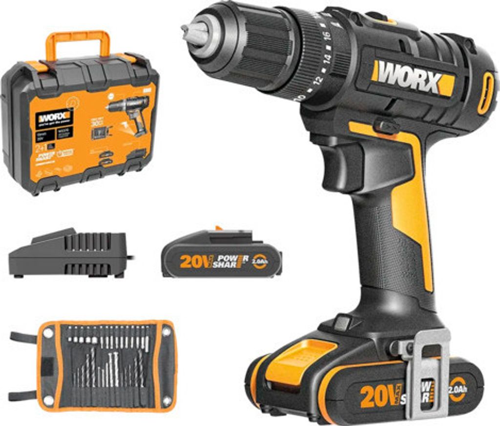 A collection of items for a cordless drill set, including the drill, battery, charger, and a case.