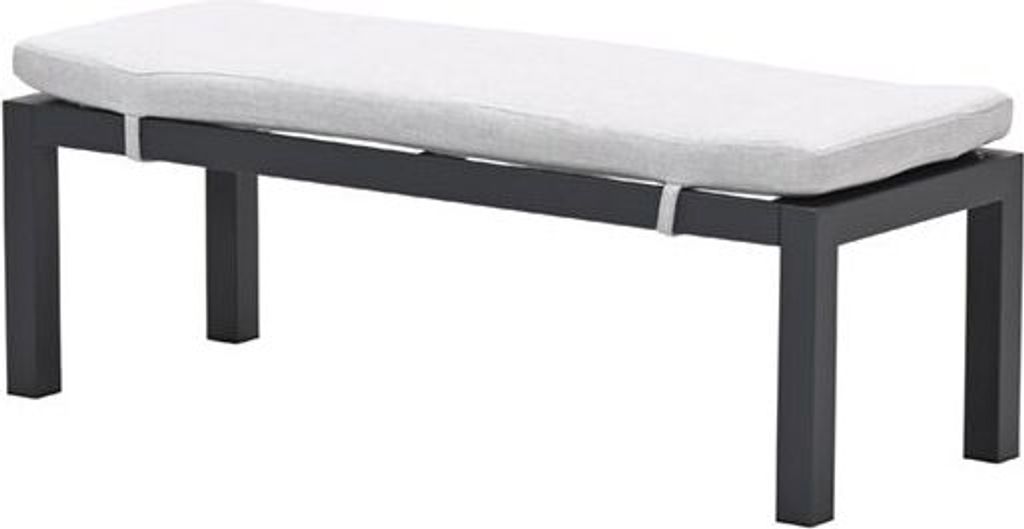 A studio shot of a modern bench with a light gray cushion.