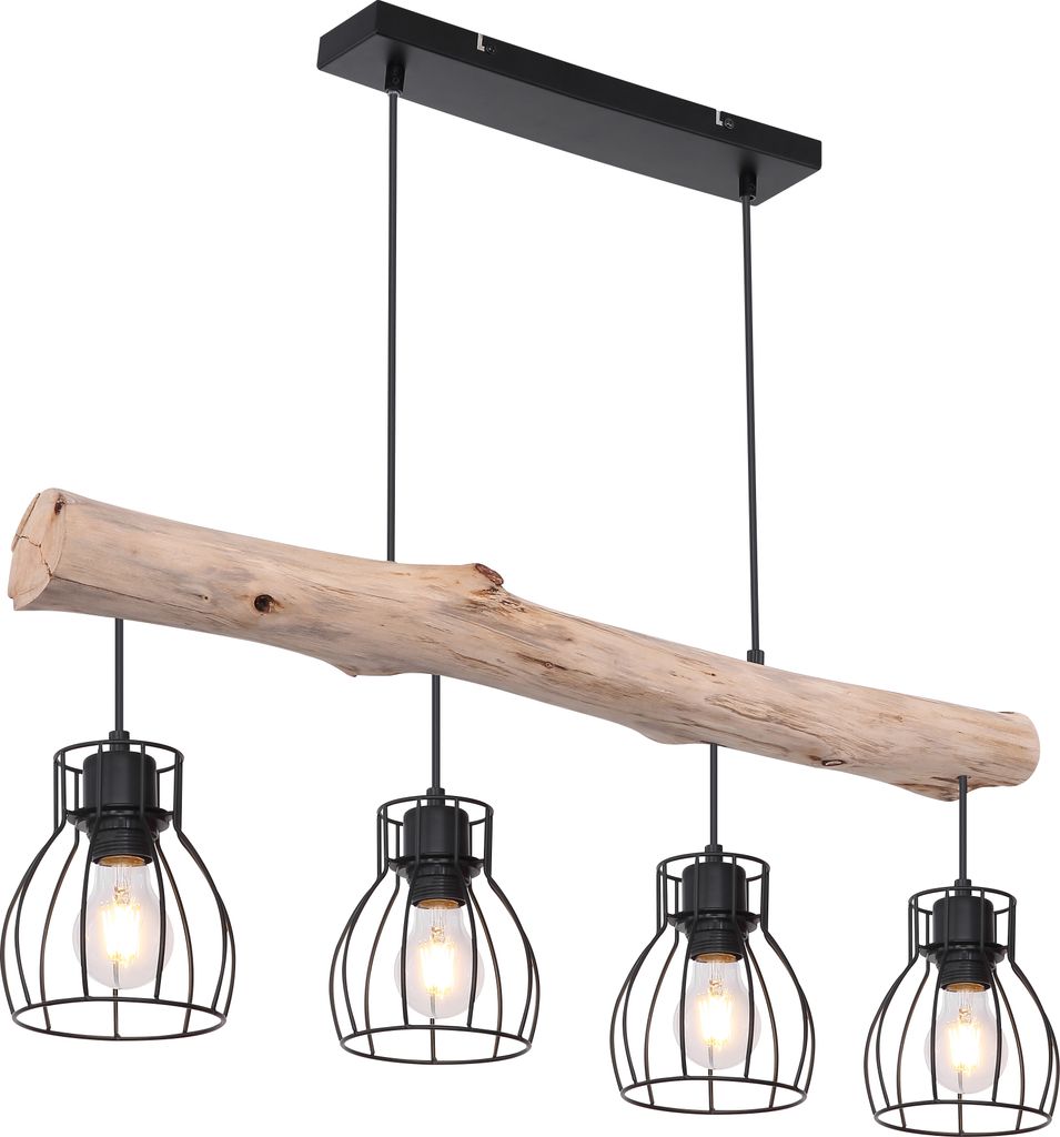 A four-light pendant chandelier with a natural wood beam and black metal cages.