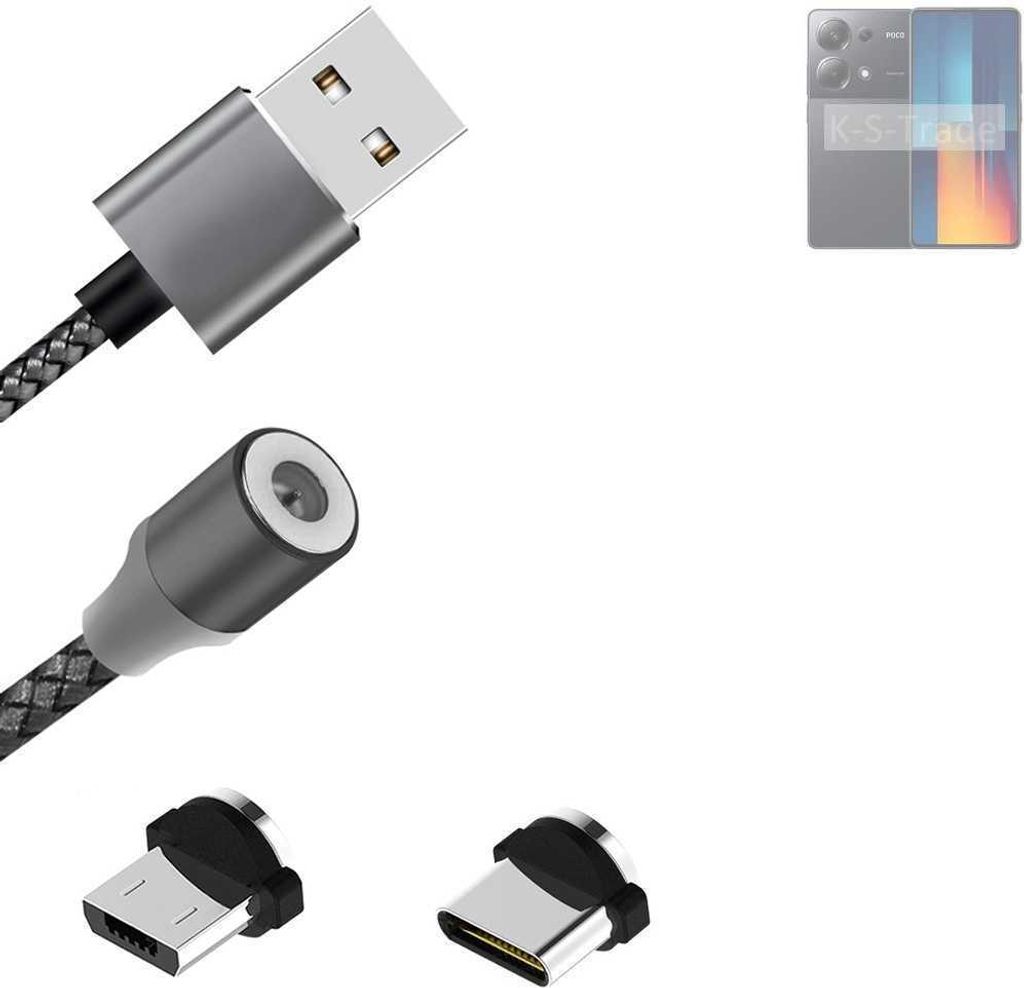 K-S-Trade Hochwertiges Magnet-Lade-kabel Sync-Kabel Daten-Kabel für POCO M6 Pro 4G mit USB-Typ-C-Anschluss und Micro-USB-Anschluss 2A bis zu 480mbps