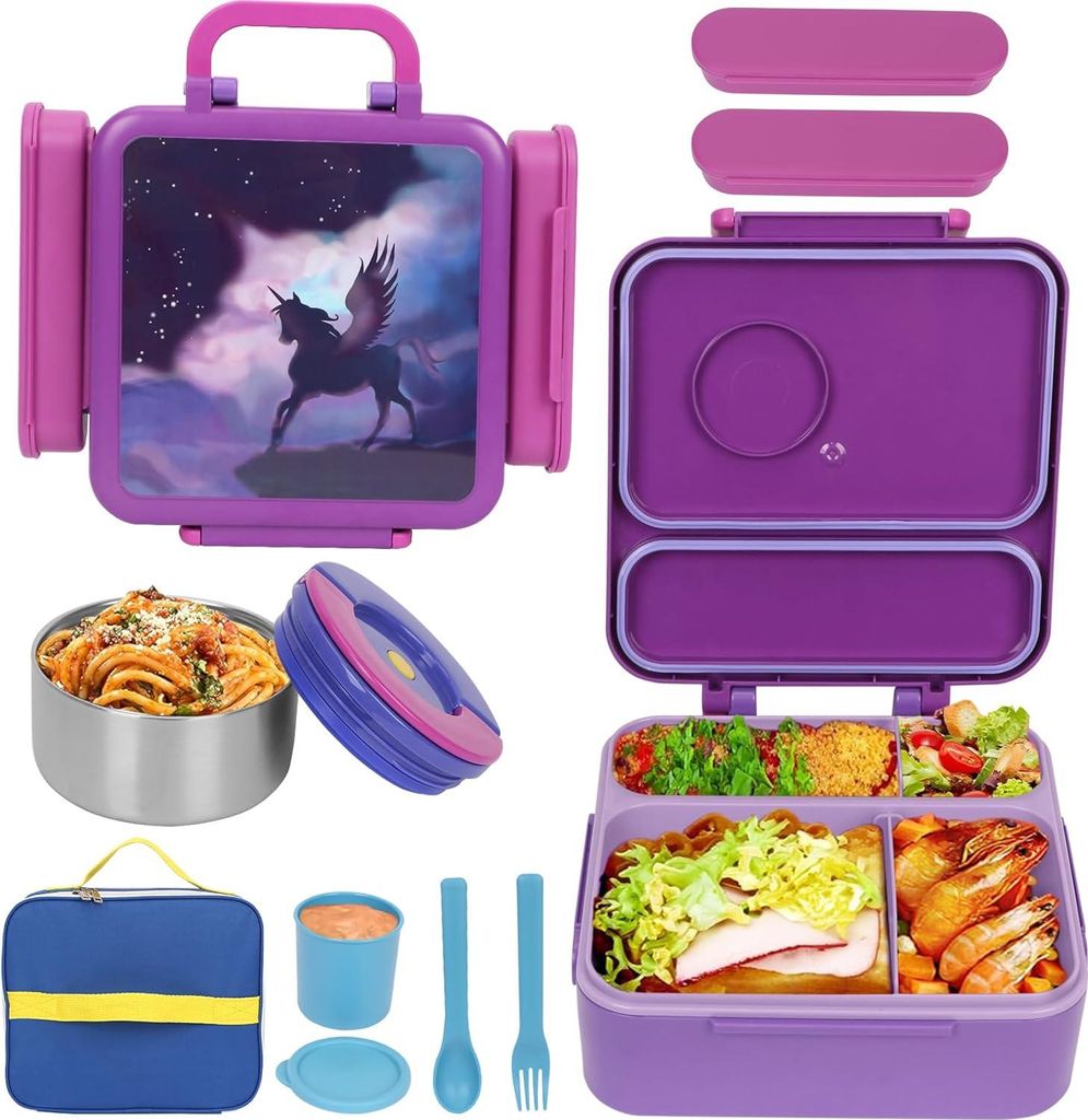 3-in-1 Brotdose für Kinder - Bento-Box mit Fächern - BPA-freie Lunchbox - Thermoschale - Auslaufsicher - Brotdose für die Schule - Brotdose mit ...