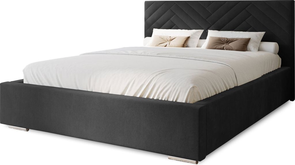 Polsterbett Aura 200x200 cm, Bett mit Kopfteil, Doppelbett mit Bettkasten und Lattenrost aus Holz, Velourstoff: Schwarz