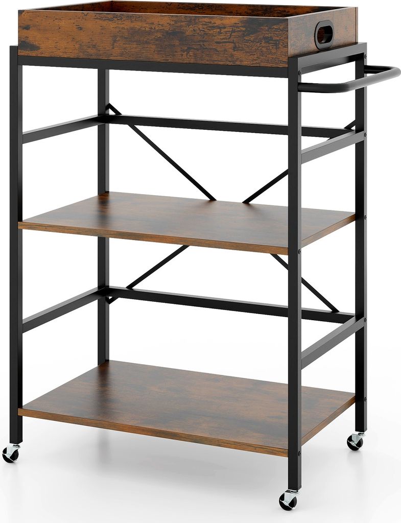 A three-tiered rolling cart with a wooden top tray and shelves, and a black metal frame.