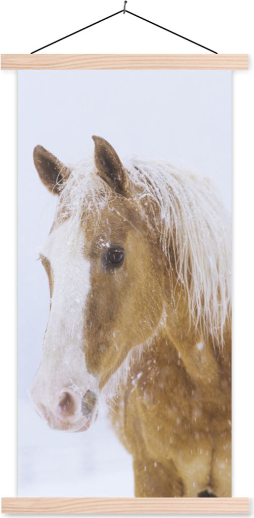 MuchoWow Textilposter Pferd - Schnee - Winter 60x120 cm mit holzfarbenen Rahmen - Holz