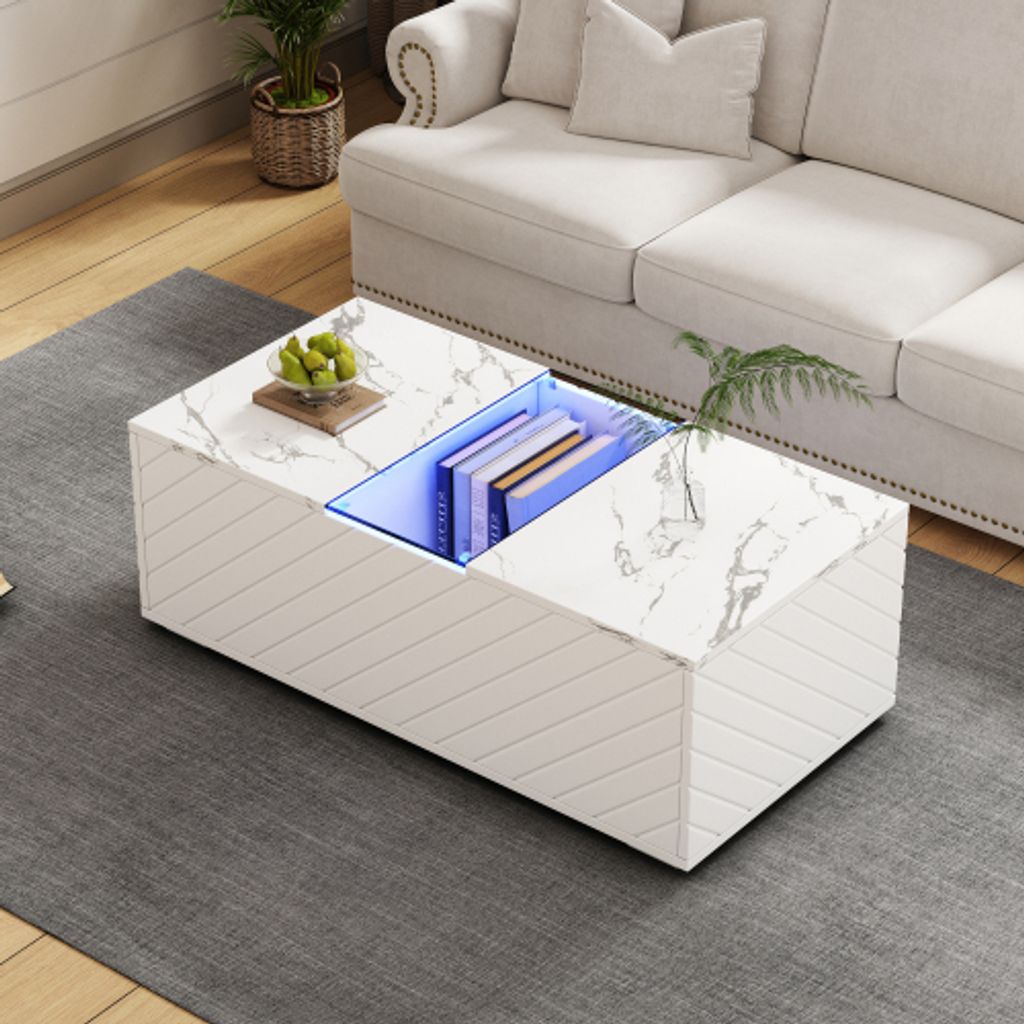 Beistelltisch 100x50x35cm Weiss Spanplatte Wohnzimmertisch LED-Aufbewahrungstisch Funktionstisch Couchtisch rmoroptik