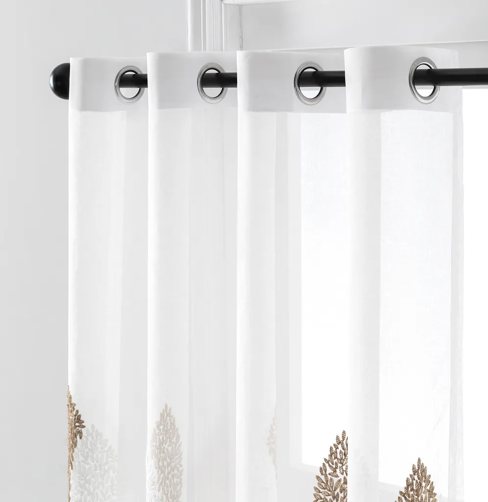 set di 2 tende a rullo semitrasparente occhielli, tulle ricamo lino look B140xH245cm soggiorno camera da letto ristorante, marrone e foglie bianche