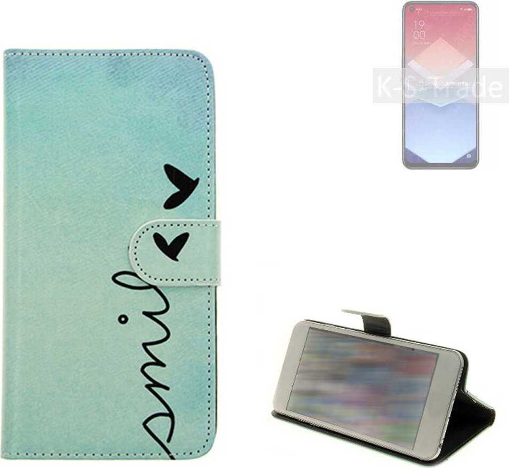 K-S-Trade Schutz Hülle Handy Hülle kompatibel mit Oppo K10x Hülle Handyhülle cover bookstyle Etui Handyhülle ''smile'' türkis Standfunktion